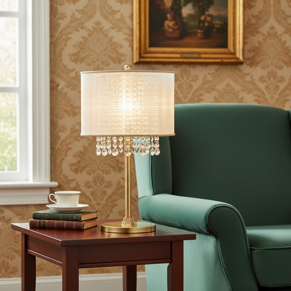 30" Gold Metal Novelty Bedside With White Drum Shade