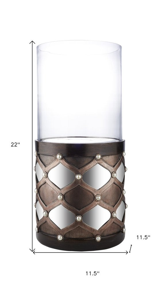 22" Bronze and Silver with Pearls Tabletop Hurricane Candle Holder