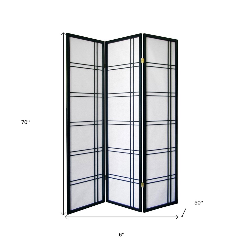 70" Black And White Heavy Duty Rice Paper Folding Three Panel Screen Room Divider