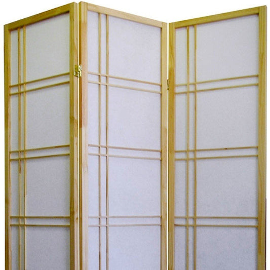 70" Brown And White Heavy Duty Rice Paper Folding Three Panel Screen Room Divider