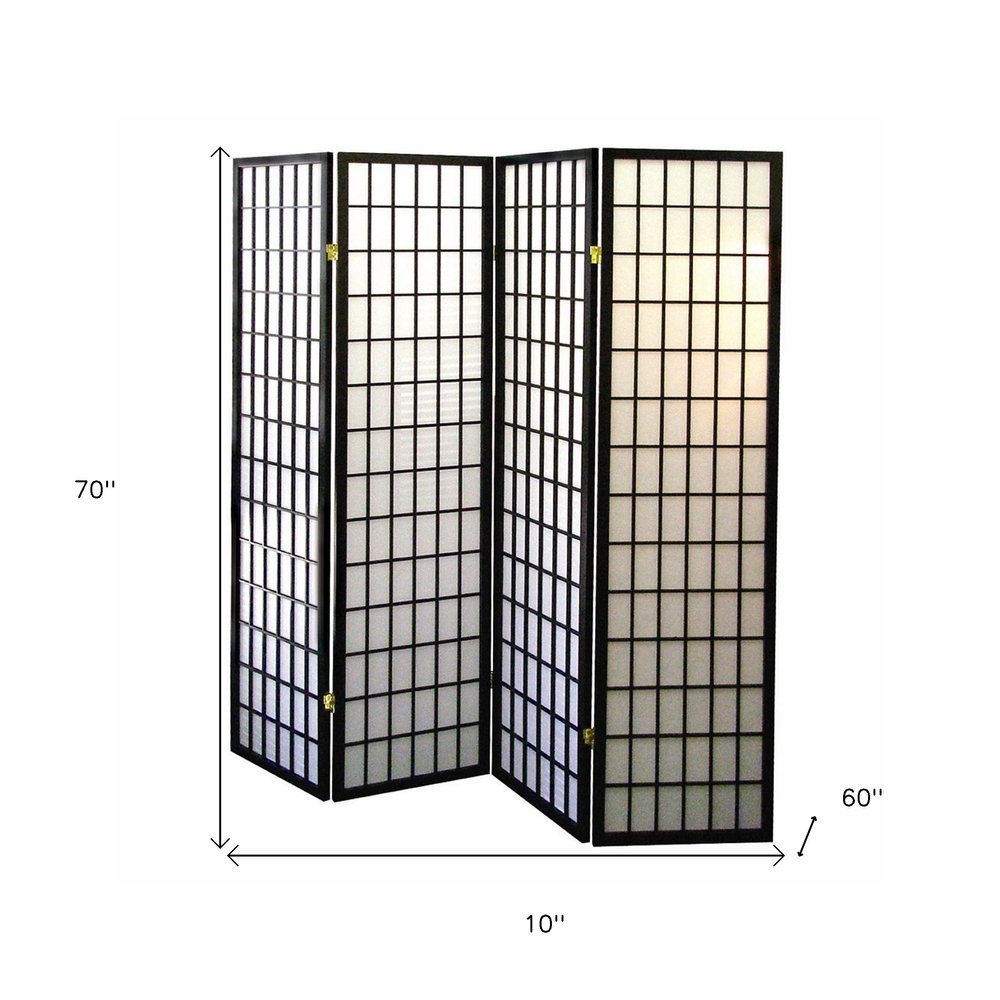 70" Black And White Heavy Duty Rice Paper Folding Four Panel Screen Room Divider