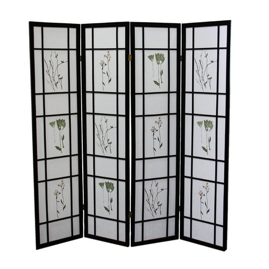 70" Black And White Heavy Duty Rice Paper Folding Four Panel Screen Room Divider