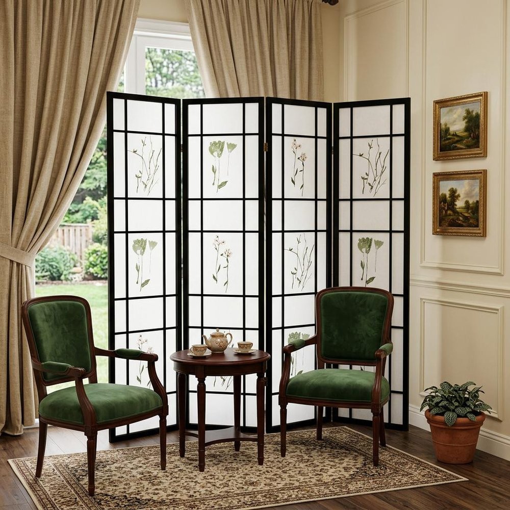 70" Black And White Heavy Duty Rice Paper Folding Four Panel Screen Room Divider