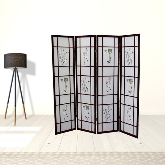 70" Brown Heavy Duty Rice Paper Folding Four Panel Screen Room Divider