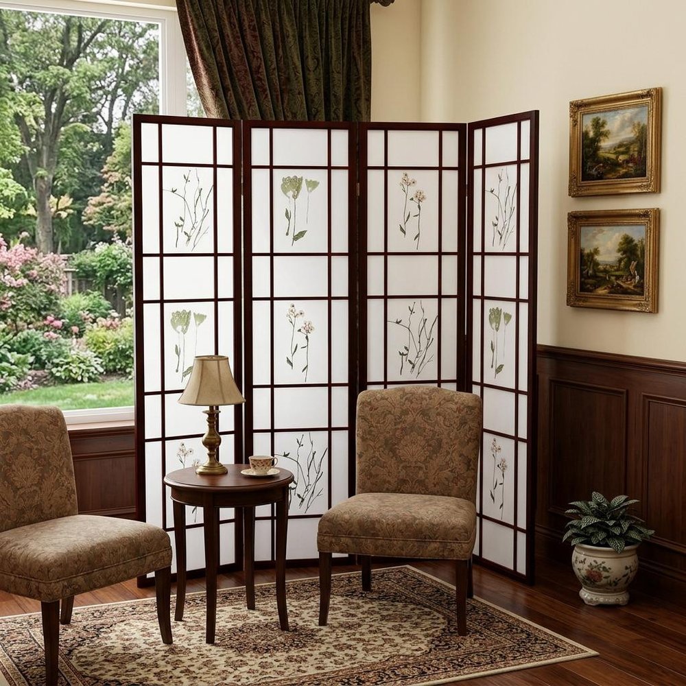 70" Brown Heavy Duty Rice Paper Folding Four Panel Screen Room Divider