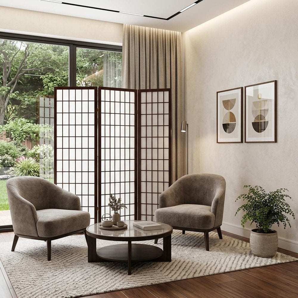 70" Brown Heavy Duty Rice Paper Folding Three Panel Screen Room Divider