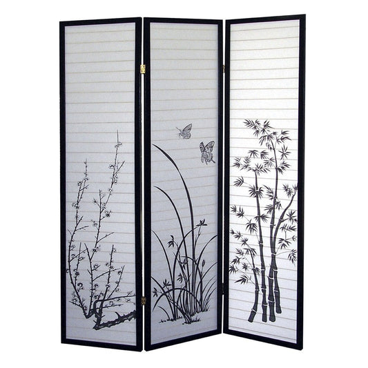 70" Black And White Heavy Duty Rice Paper Folding Three Panel Screen Room Divider
