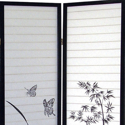 70" Black And White Heavy Duty Rice Paper Folding Three Panel Screen Room Divider