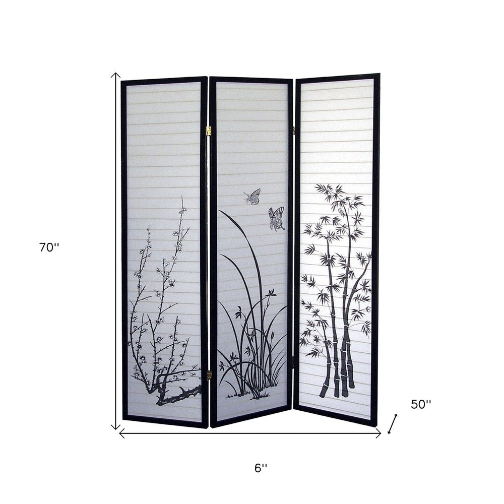 70" Black And White Heavy Duty Rice Paper Folding Three Panel Screen Room Divider