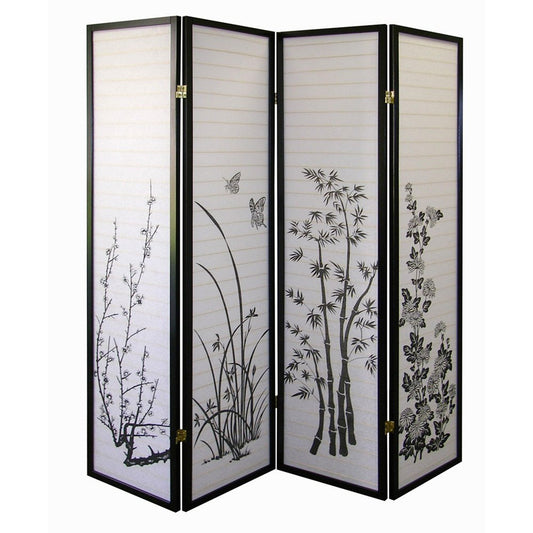 70" Black And White Heavy Duty Rice Paper Folding Four Panel Screen Room Divider
