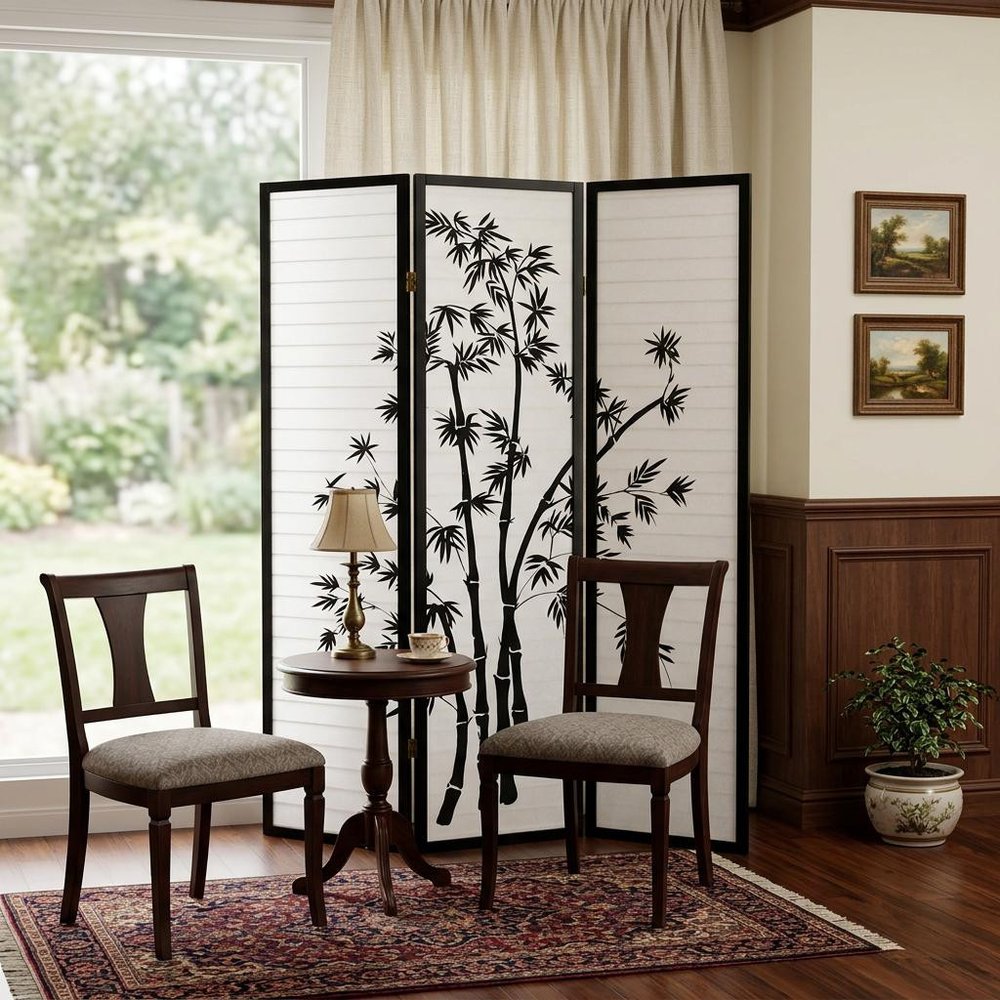 70" Black And White Heavy Duty Rice Paper Folding Three Panel Screen Room Divider