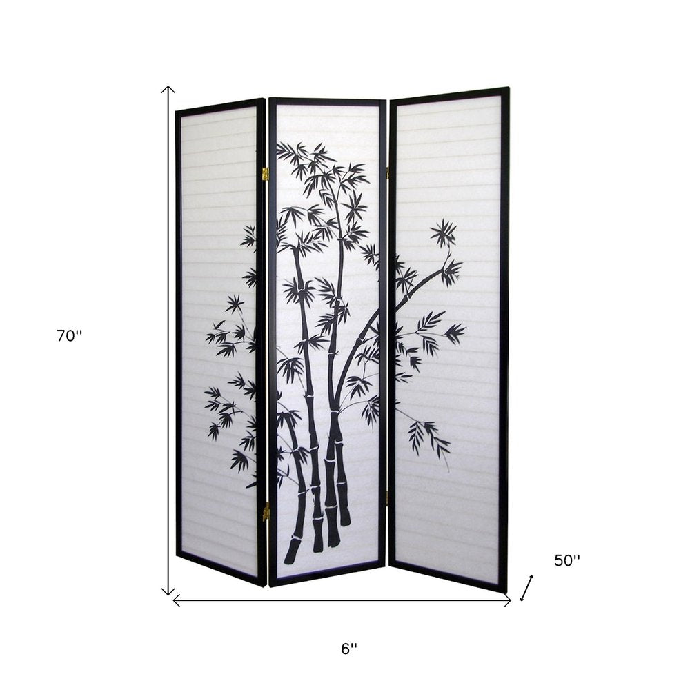 70" Black And White Heavy Duty Rice Paper Folding Three Panel Screen Room Divider