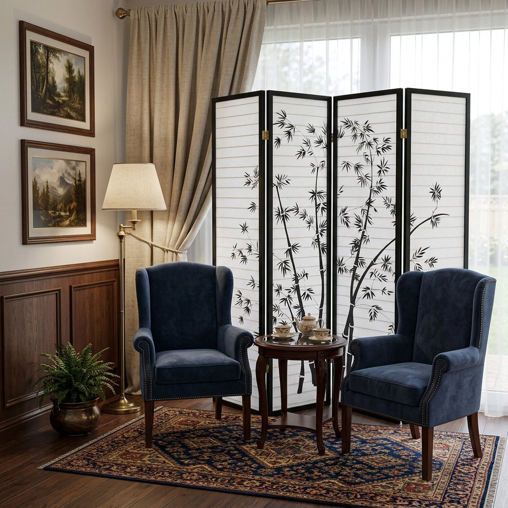 70" Black And White Heavy Duty Rice Paper Folding Four Panel Screen Room Divider