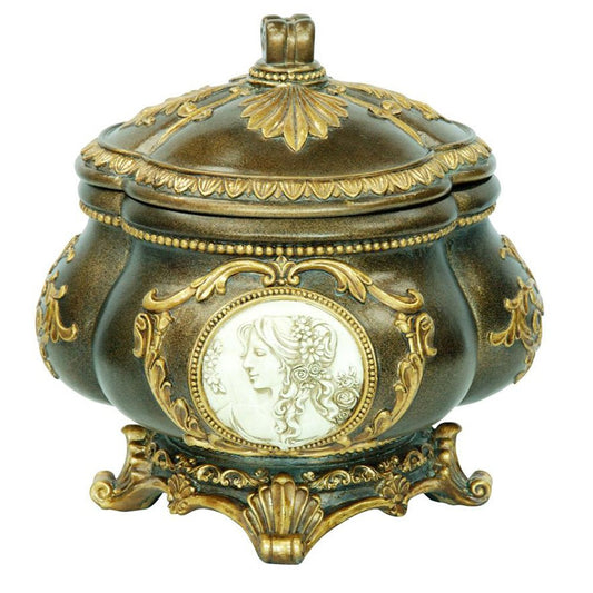 9" Bronze Gold And White Resin Floral Scroll Jewelry Box With Lacquer and High-Gloss Finishes