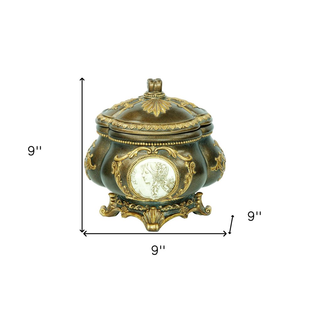 9" Bronze Gold And White Resin Floral Scroll Jewelry Box With Lacquer and High-Gloss Finishes