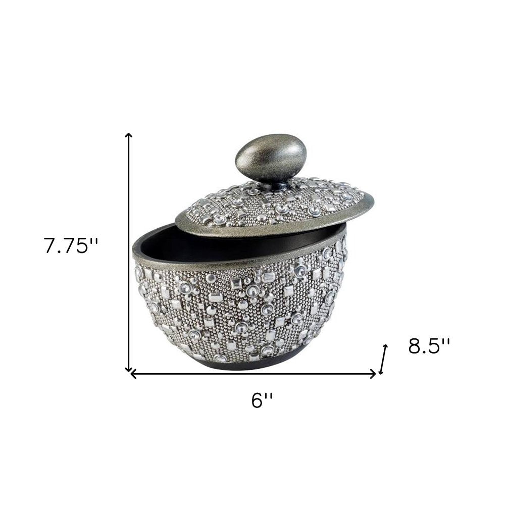 9" Silver Resin Jewelry Box With Gemstones and Crystals