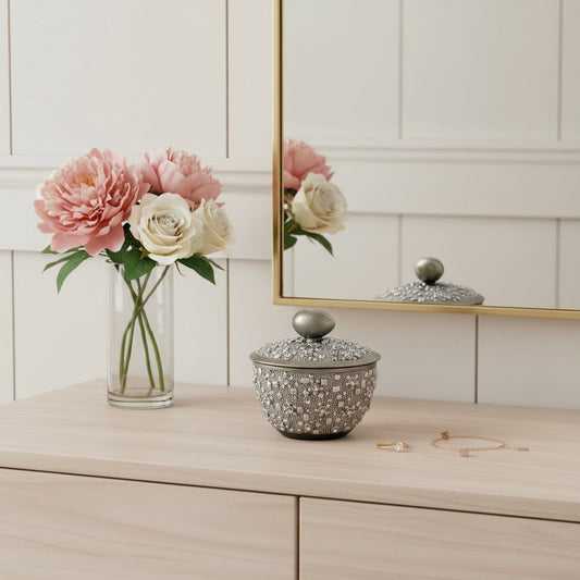 9" Silver Resin Jewelry Box With Gemstones and Crystals