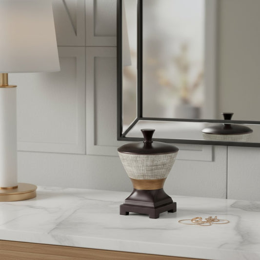 7" Espresso Gold And Silver Resin Striped Jewelry Box With Hand-Painted Designs