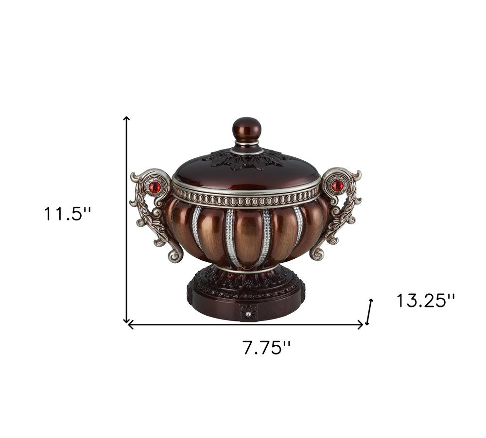 13" Bronze Red And Silver Resin Floral Scroll Jewelry Box With Metal Accents