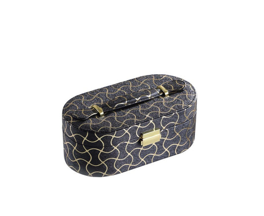 10" Black And Gold Faux Leather Abstract Scroll Jewelry Box Travel Case With Mirror