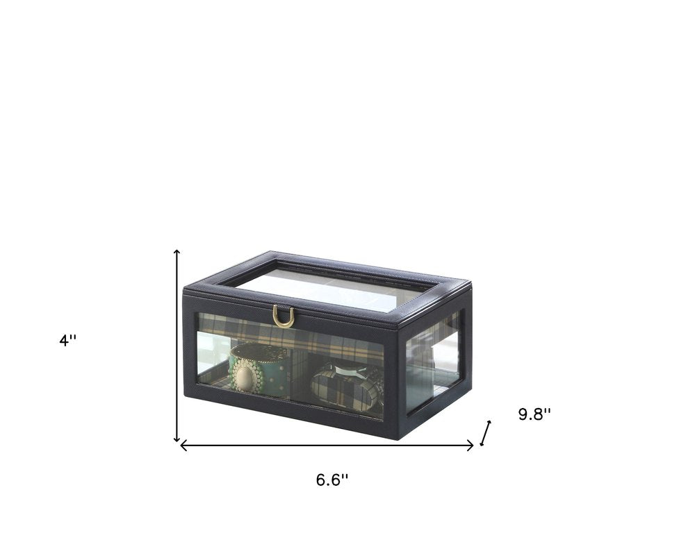 10" Blue And Clear Faux Leather And Glass Nine Section Checkered Watch Box With Metal Accents