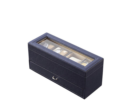 9" Blue And Clear Faux Leather And Glass Four Section Watch Box With Metal Accents