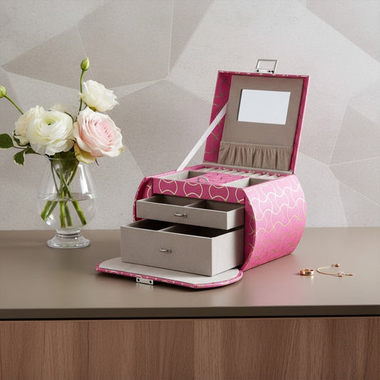 9" Hot Pink And Gold Faux Leather Abstract Scroll Jewelry Box Travel Case With Mirror