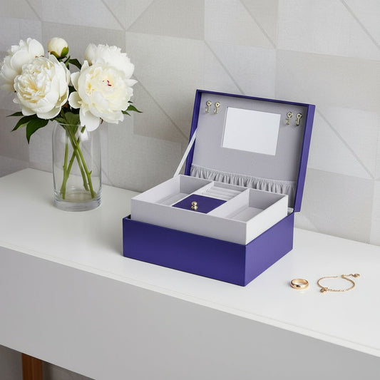 10" Azure Faux Leather Six Section Mirrored Jewelry Box