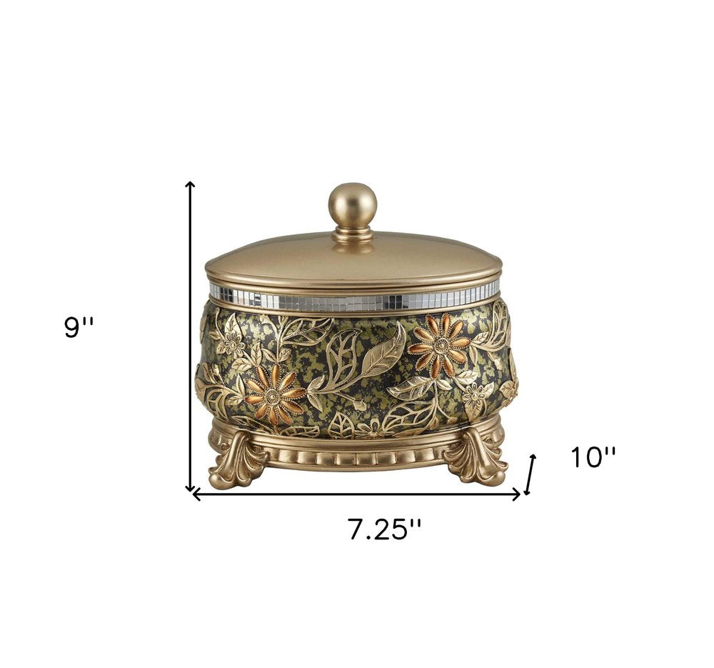 10" Gold Green And Silver Resin Floral Scroll Jewelry Box With Metal Accents