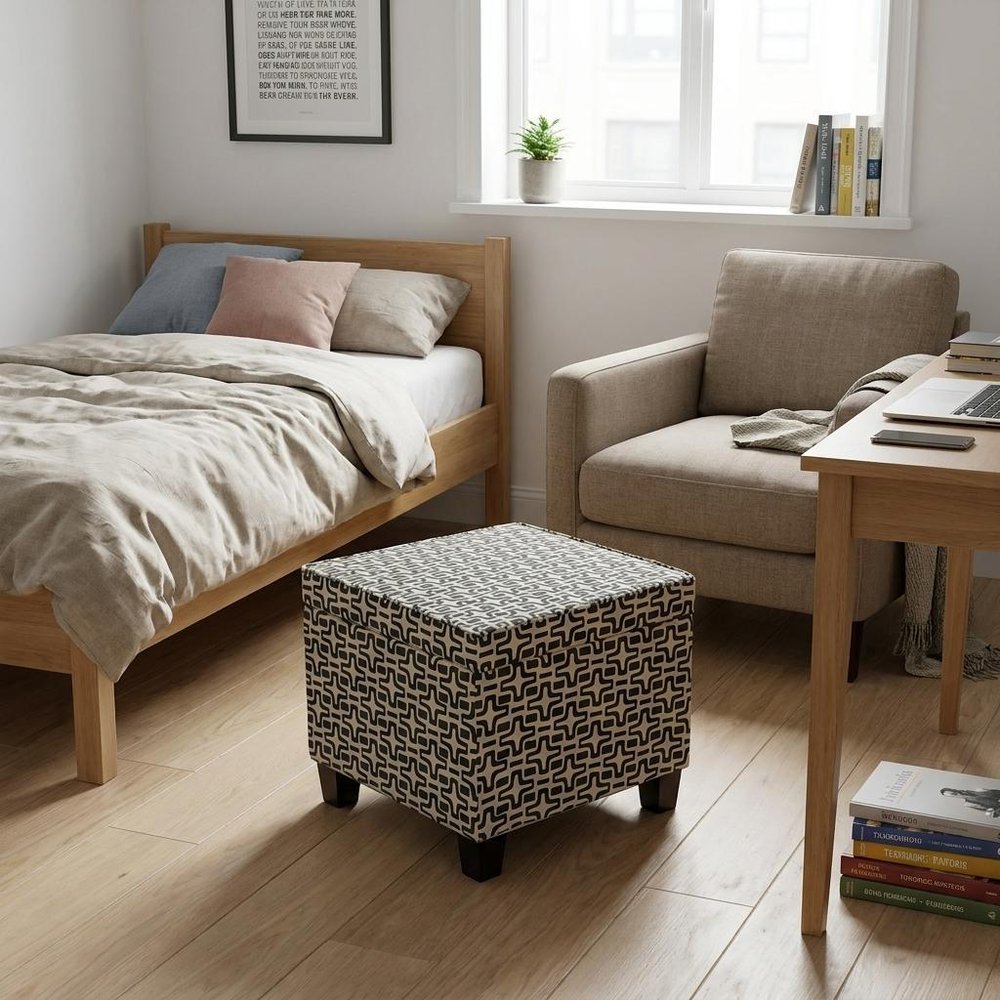 25" Black And White Polyester Blend And Black Geometric Storage