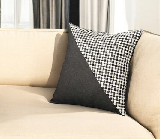 18" X 18" Black And White Houndstooth Zippered Handmade Polyester Throw Pillow Cover