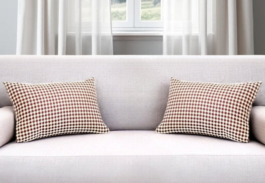 Set of Two 12" X 20" Red and White Houndstooth Fabric Lumbar Throw Pillows