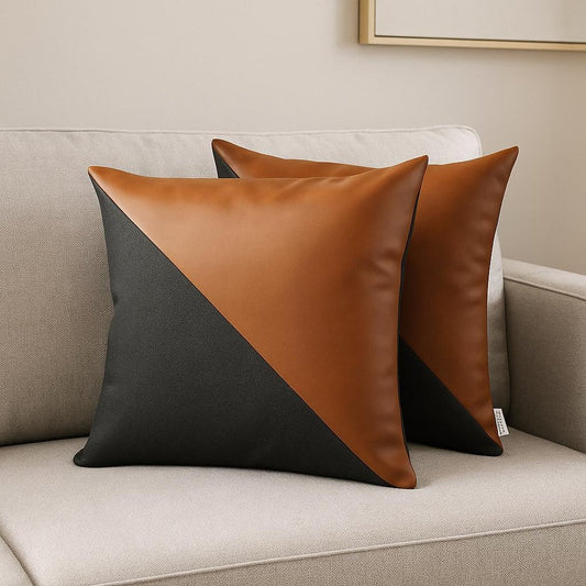 Set of Two 18" Brown And Black Faux Leather And Fabric Throw Pillows