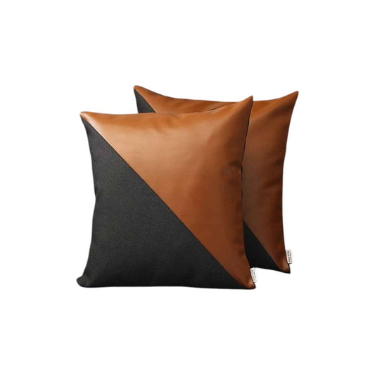 Set of Two 18" Brown And Black Faux Leather And Fabric Throw Pillows