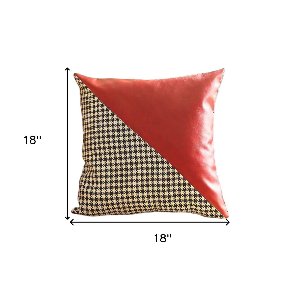 Set of Two 18" Red Black and White Houndstooth Fabric and Faux Leather Throw Pillows