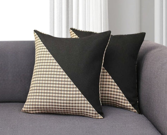 Set of Two 18" Brown Black and White Houndstooth Fabric Throw Pillows