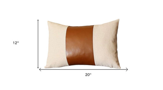 Set of Two 12" X 20" Ivory and Brown Color Block Fabric and Faux Leather Lumbar Throw Pillows