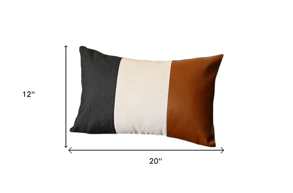 Set of Two 12" X 20" Black Ivory and Brown Color Block Fabric and Faux Leather Lumbar Throw Pillows