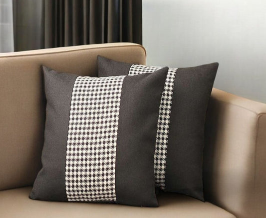 Set of Two 18" Black and White Houndstooth Fabric Throw Pillows