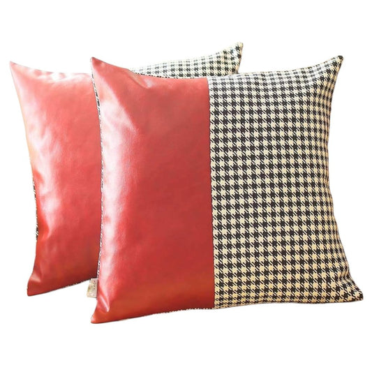 Set of Two 18" Red Black and White Houndstooth Fabric and Faux Leather Throw Pillows