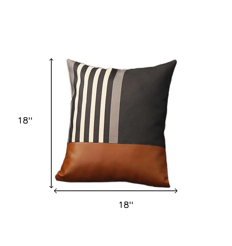 Set of Two 18" Brown Black and Ivory Striped Fabric and Faux Leather Throw Pillows