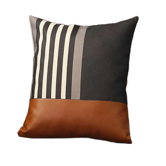 Set of Two 18" Brown Black and Ivory Striped Fabric and Faux Leather Throw Pillows