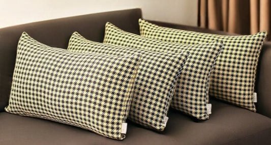 Set of Four 12" X 20" Yellow and Black Houndstooth Fabric Lumbar Throw Pillows