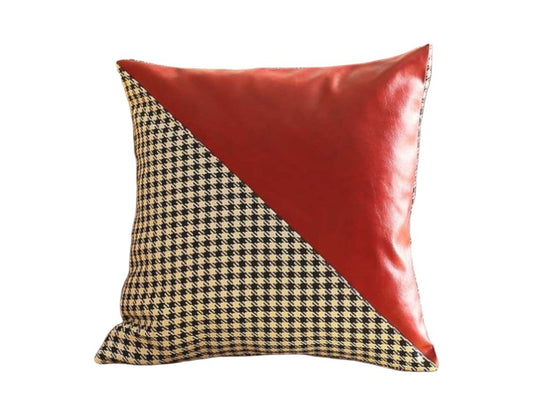 Set of Four 18" Red Black and White Houndstooth Fabric and Faux Leather Throw Pillows