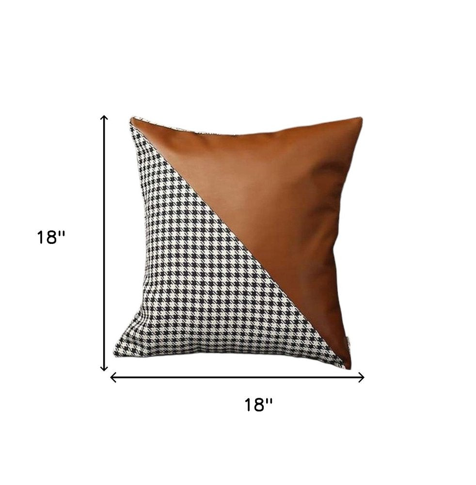 Set of Four 18" Brown Black and White Houndstooth Fabric and Faux Leather Throw Pillows