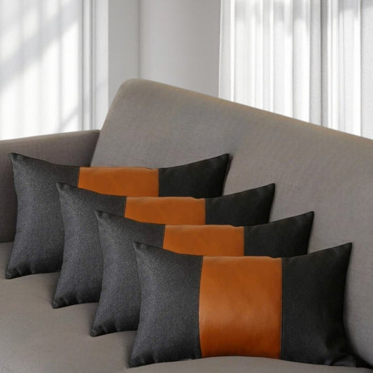 Set of Four 12" X 20" Black and Brown Color Block Fabric and Faux Leather Lumbar Throw Pillows