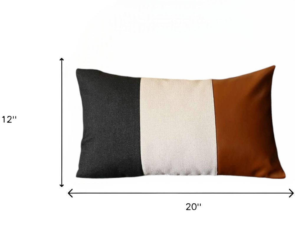 Set of Four 12" X 20" Black Ivory and Brown Color Block Fabric and Faux Leather Lumbar Throw Pillows