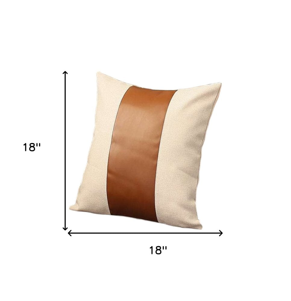 Set of Four 18" Ivory and Brown Color Block Fabric and Faux Leather Throw Pillows
