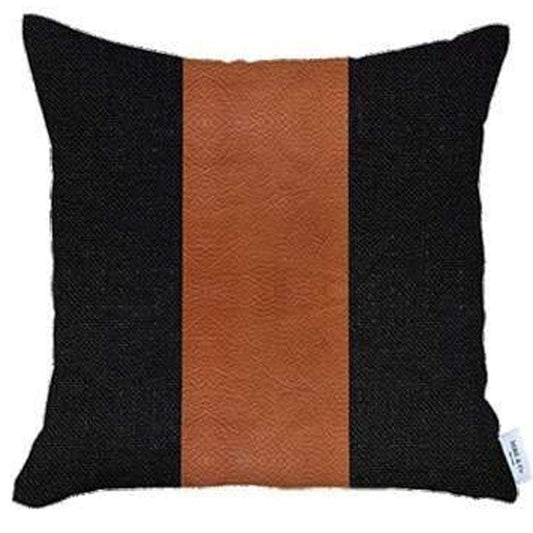 Set of Four 18" Brown And Black Faux Leather And Fabric Throw Pillows