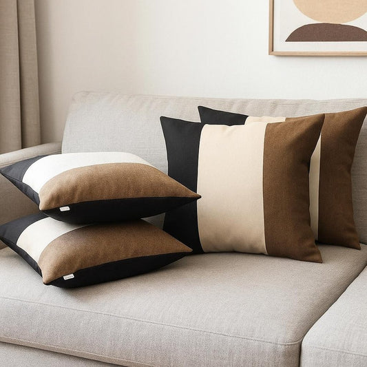 Set of Four 18" Black Ivory And Brown Fabric Throw Pillows